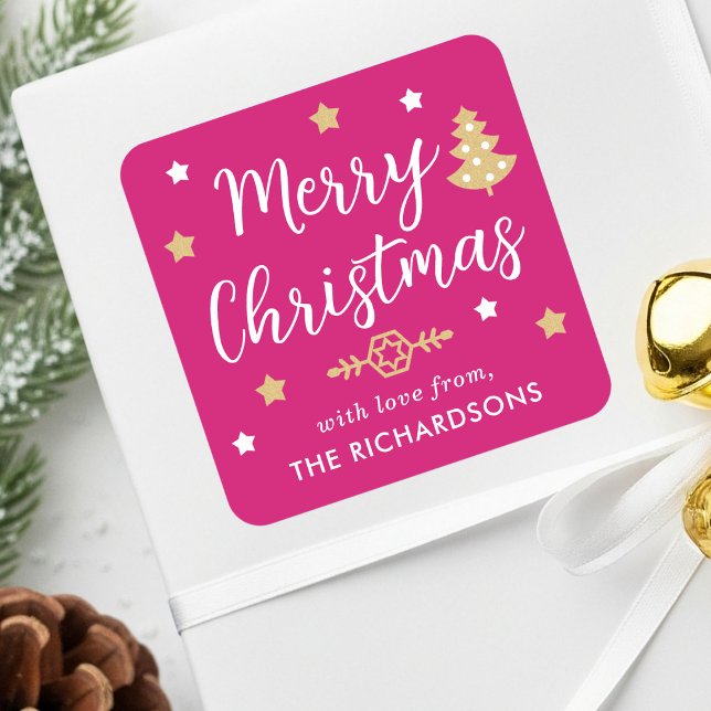 Sticker Carré Joyeux arbre de Noël Personnalisé Nom de famille r (Créateur téléchargé)
