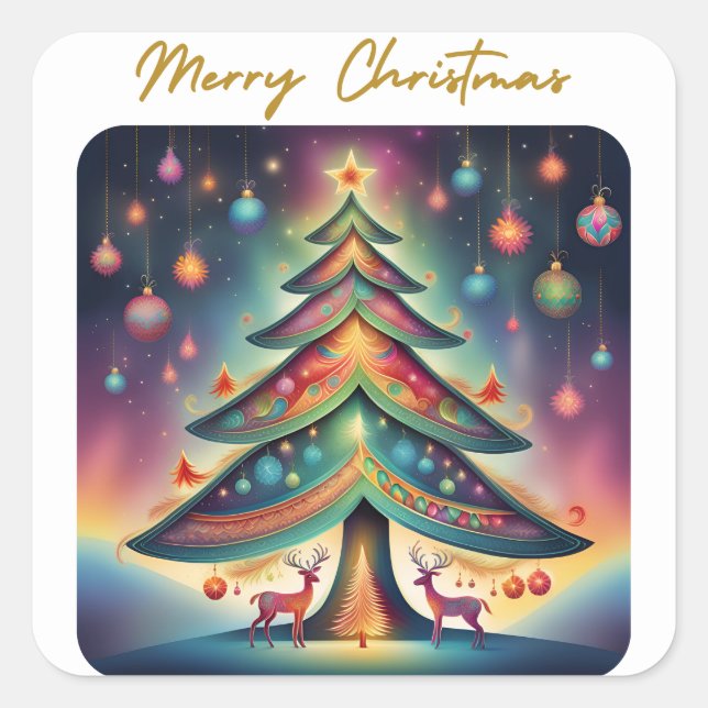 Sticker Carré Joyeux arbre lunique de Noël (Devant)