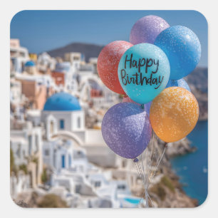 Sticker Carré Joyeux ballons d'anniversaire à Santorin, Grèce