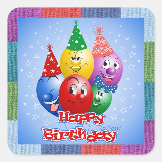 Sticker Carré Joyeux Ballons d'anniversaire amusant (Devant)