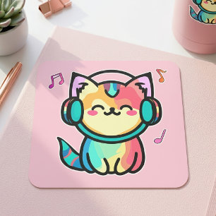Sticker Carré Joyeux bébé chat chatte souriant avec casque.