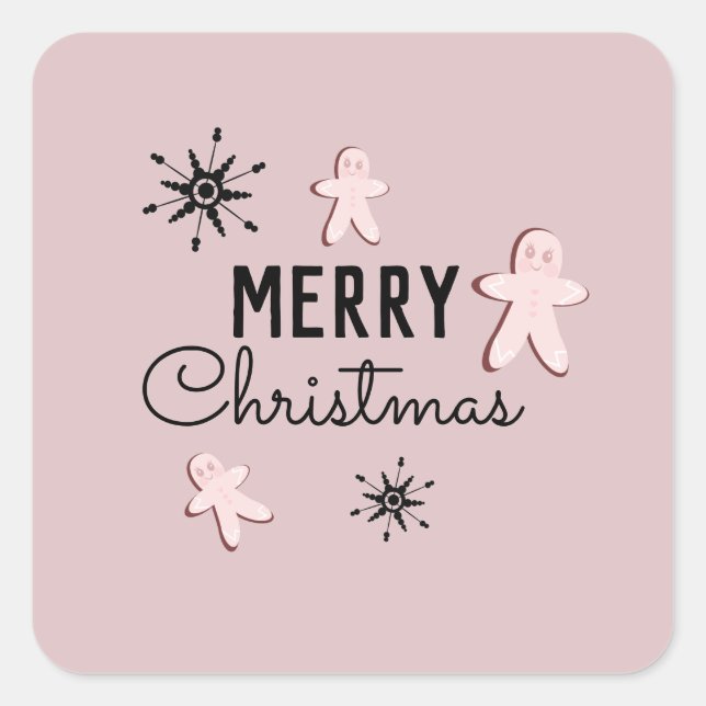 Sticker Carré Joyeux biscuit de Noël Gingerbread rose (Devant)
