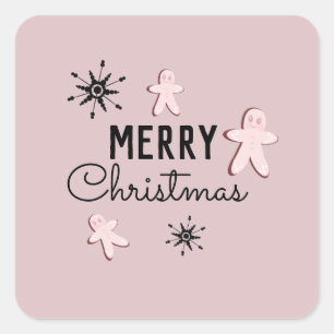 Sticker Carré Joyeux biscuit de Noël Gingerbread rose