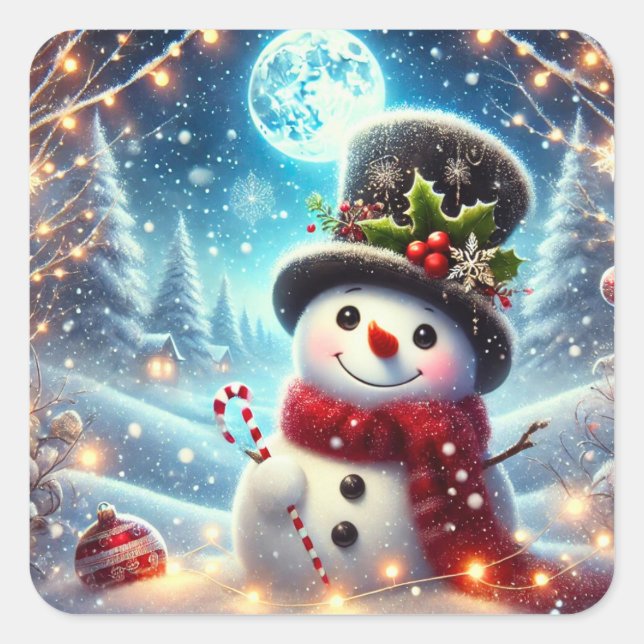 Sticker Carré Joyeux bonhomme de neige de Noël (Devant)