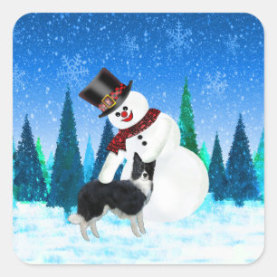 Sticker Carré Joyeux bonhomme de neige de Noël et collie fronta