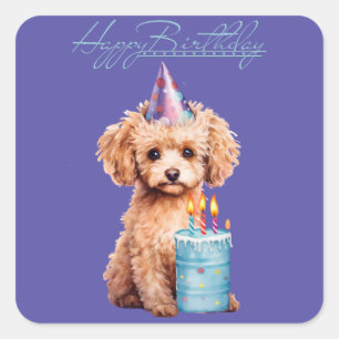Sticker Carré Joyeux caniche d'anniversaire avec Casquette de fê