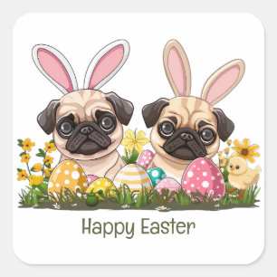 Sticker Carré Joyeux Carlin de Pâques Chiens Lapin Oreilles