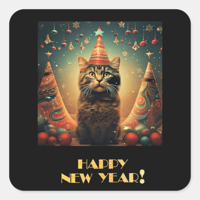 Sticker Carré Joyeux chat du Nouvel An (Devant)