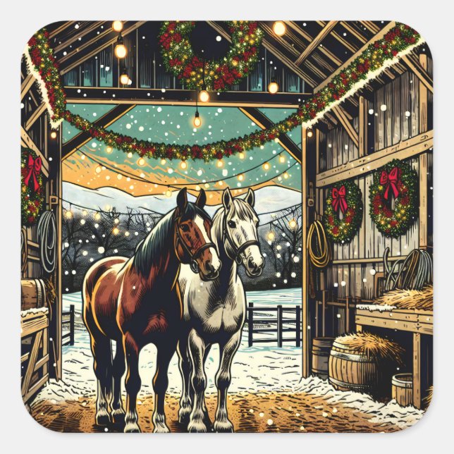 Sticker Carré Joyeux Chevaux de Cartoon de Noël (Devant)