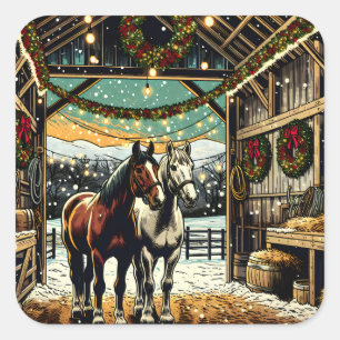 Sticker Carré Joyeux Chevaux de Cartoon de Noël
