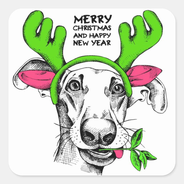 Sticker Carré Joyeux chien renne de Noël | Vacances (Devant)