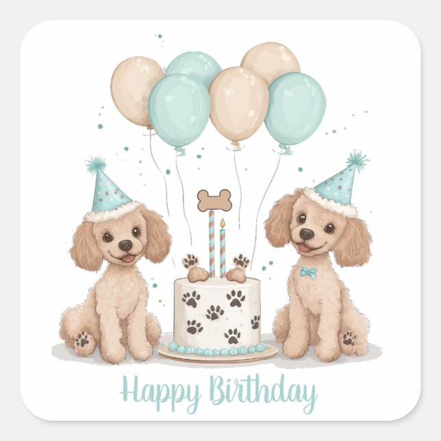 Sticker Carré Joyeux Chiens de caniche normaux d'anniversaire (Devant)