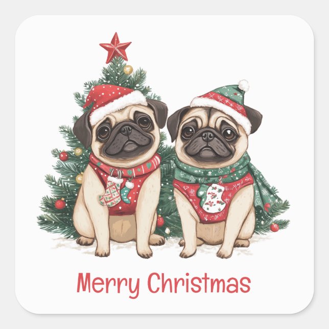 Sticker Carré Joyeux Chiens de Carlin de Noël (Devant)