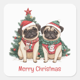 Sticker Carré Joyeux Chiens de Carlin de Noël
