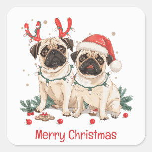 Sticker Carré Joyeux Chiens de Carlin de Noël