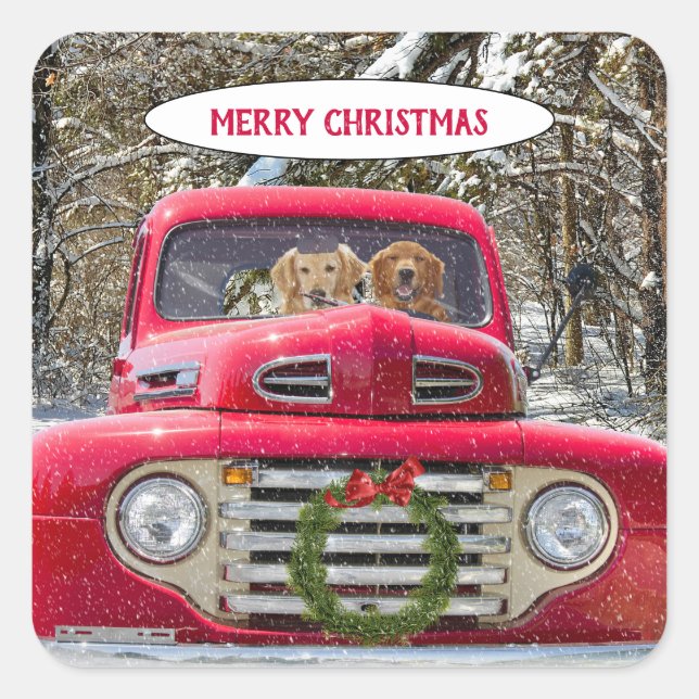 Sticker Carré Joyeux chiens de Noël dans camion rouge rétro (Devant)