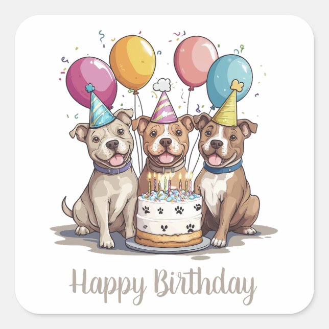 Sticker Carré Joyeux Chiens de Terrier américain Pit Bull Birthd (Devant)