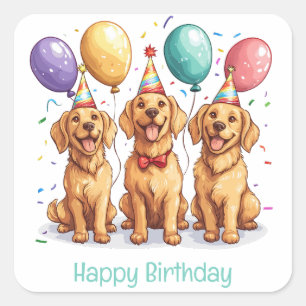 Sticker Carré Joyeux Chiens d'or d'excursion d'anniversaire