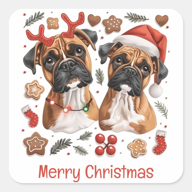 Sticker Carré Joyeux Chiens en boîte de Noël (Devant)