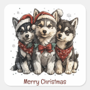 Sticker Carré Joyeux Chiens Husky Noël