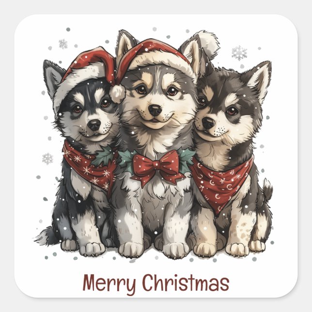 Sticker Carré Joyeux Chiens Husky Noël (Devant)