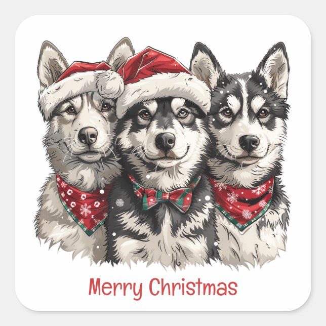 Sticker Carré Joyeux Chiens Husky Noël (Devant)