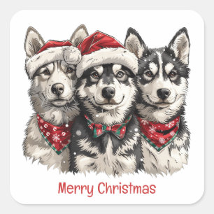 Sticker Carré Joyeux Chiens Husky Noël