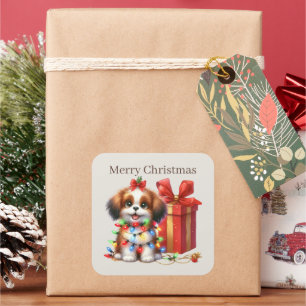 Sticker Carré Joyeux chiot de Noël