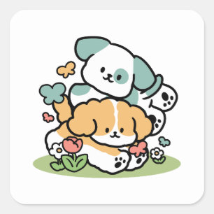 Sticker Carré Joyeux Chiots Arrivés En Mai - Kawaii Dog Art
