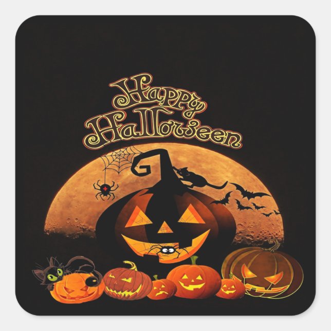 Sticker Carré Joyeux Citrouille de chats Halloween (Devant)
