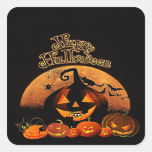 Sticker Carré Joyeux Citrouille de chats Halloween
