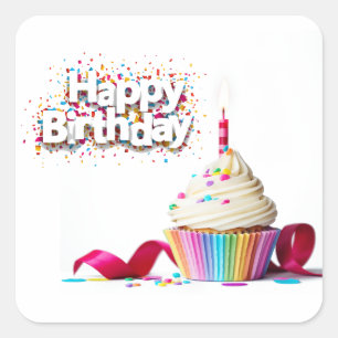 Sticker Carré Joyeux Cupcake d'anniversaire