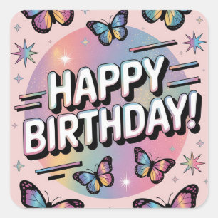 Sticker Carré Joyeux design d'anniversaire avec des papillons co