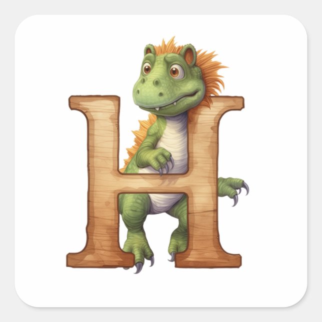 Sticker Carré Joyeux Dinosaure dans la Lettre H (Devant)