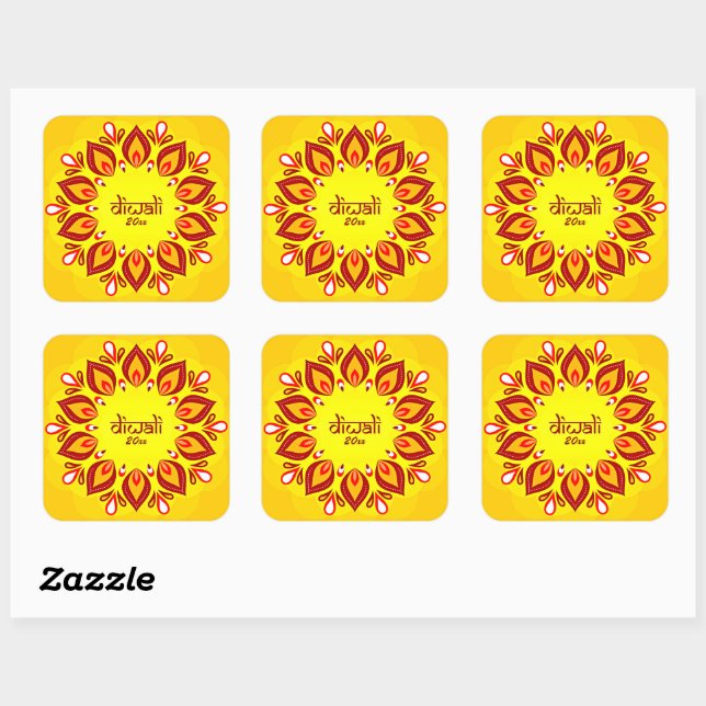 Sticker Carré Joyeux Diwali Ajouter année Jaune Rouge (Feuille)