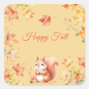 Sticker Carré Joyeux écureuil d'automne en Feuille