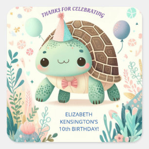 Sticker Carré Joyeux Enfants Cute Tortoise fête d'anniversaire