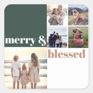 Sticker Carré Joyeux et bienheureux Noël de famille Photo verte