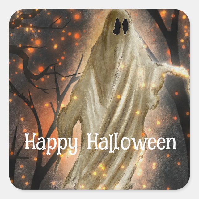 Sticker Carré Joyeux Fantôme d'Halloween (Devant)