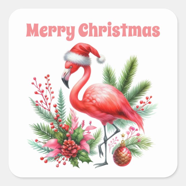 Sticker Carré Joyeux flamant rose Noël (Devant)
