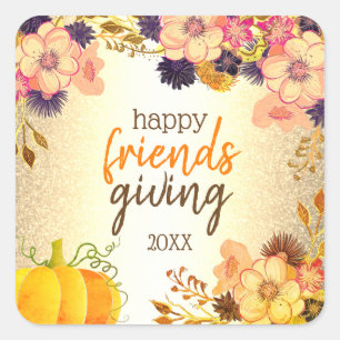 Sticker Carré Joyeux Friendsgiving Citrouille et Fleurs Rose et