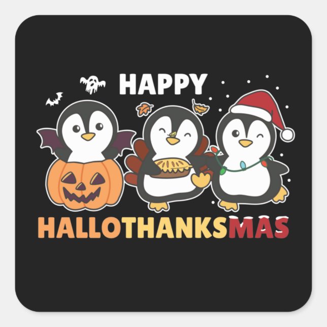 Sticker Carré Joyeux Hallothanksmas Penguins de Noël Pingouin Sq (Devant)