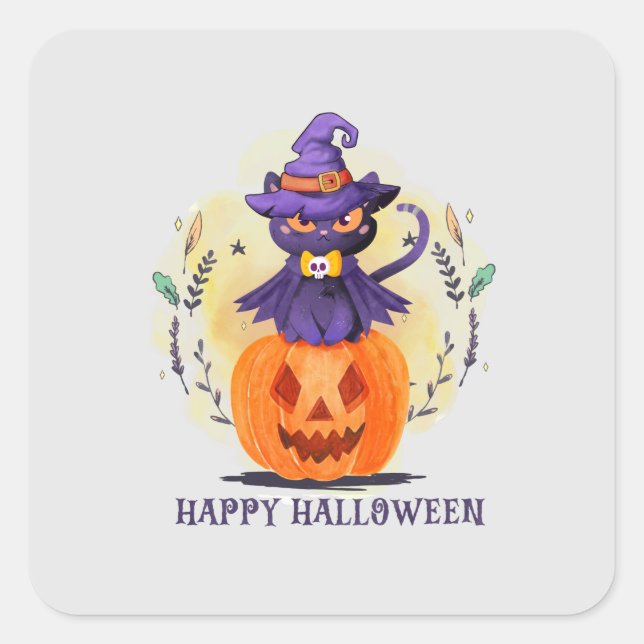 Sticker Carré Joyeux Halloween - Chat noir sorcier (Devant)