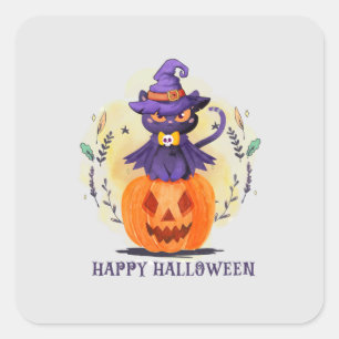 Sticker Carré Joyeux Halloween - Chat noir sorcier