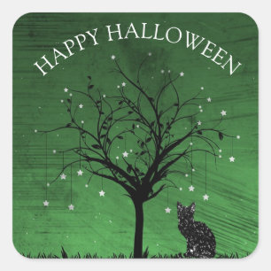 Sticker Carré Joyeux Halloween Chat noir Twinkling Star Tree
