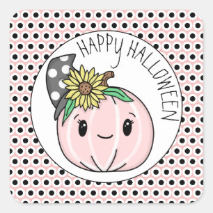 Sticker Carré Joyeux Halloween Citrouille rose et Pois