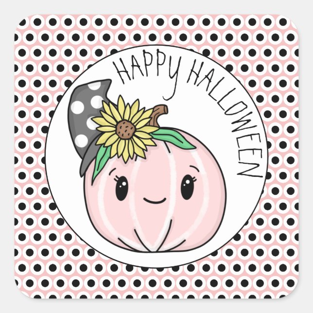 Sticker Carré Joyeux Halloween | Citrouille rose et Pois (Devant)