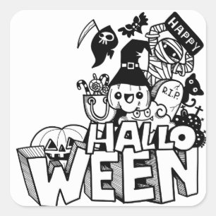 Sticker Carré Joyeux Halloween Mignon Gribouillis Citrouille Cha