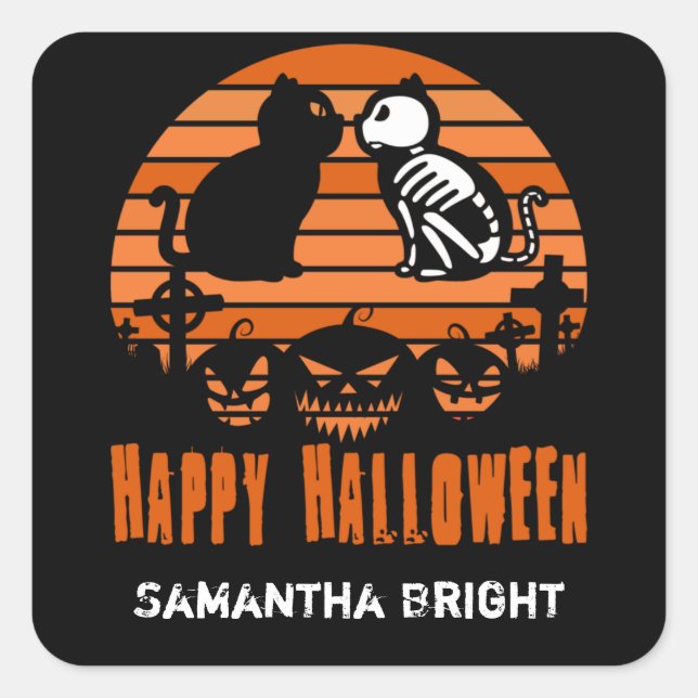 Sticker Carré Joyeux Halloween Skeleton Chat Retro Sunset (Devant)