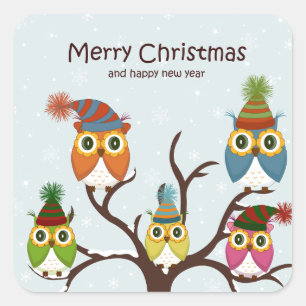 Sticker Carré Joyeux hibou de Noël sur l'autocollant d'arbre